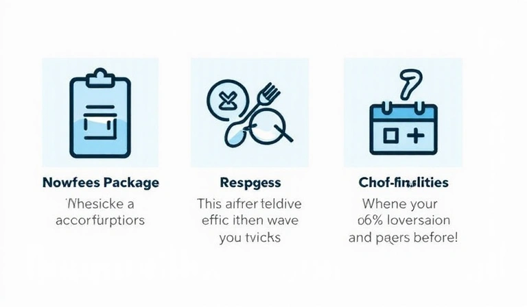 Trzy symbole pakietów, reprezentujące różne opcje usług, z elementami graficznymi zdrowego jedzenia i postępu.